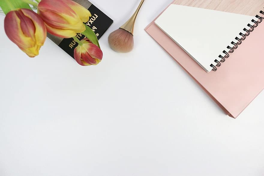 Notepad, Flowers, Desk, Flat Lay, backgrounds, close-up, table, paint, wood, space, fashion