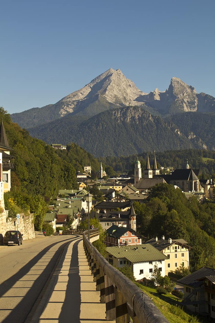 montagne, strada, case, villaggio, Watzmann, Baviera, Germania, bayern