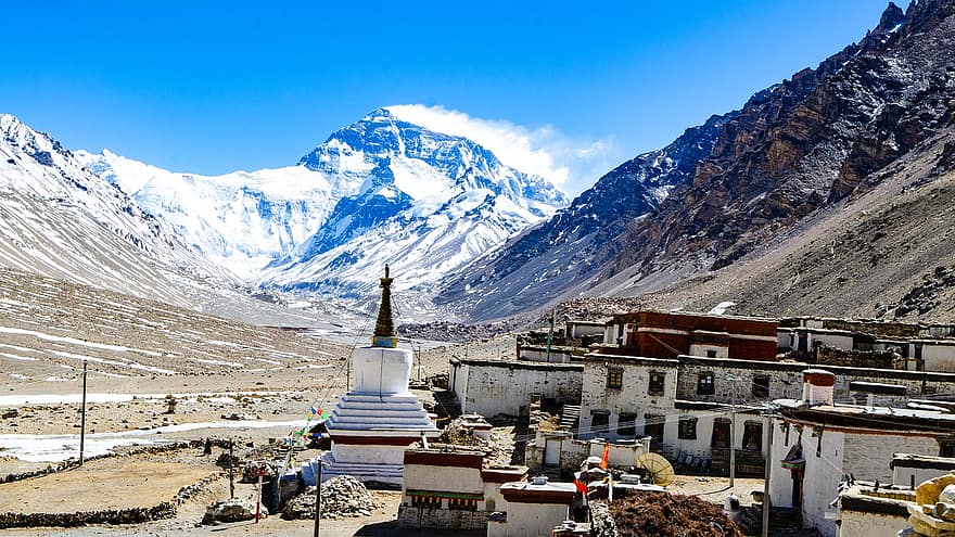 HD wallpaper, natura tapet, muntele Everest, tibet, China, Xizang, munţi, munte de zapada, mănăstire, templu, case