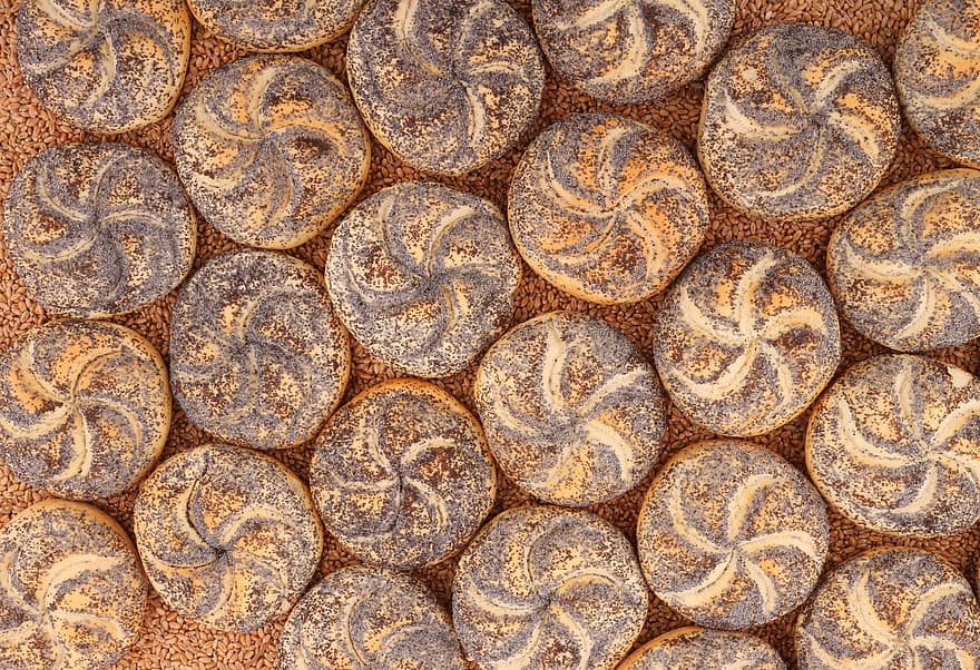 Pan de semillas de amapola, panadería, un pan, rollos, granos, galleta, bollo, frescura, antecedentes, modelo, de cerca