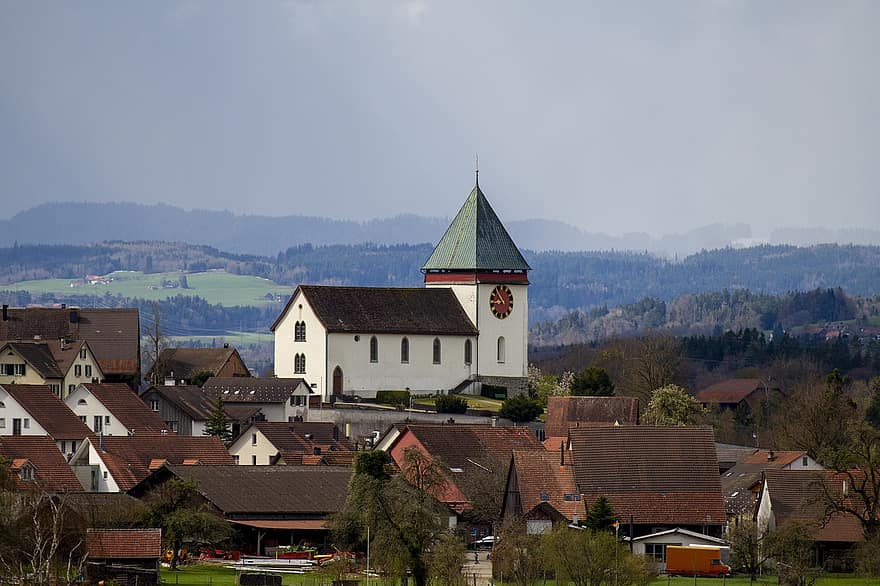 Iglesia, pueblo, paisaje, Illnau, Torre de la iglesia, arquitectura, cristianismo, techo, culturas, religión, lugar famoso