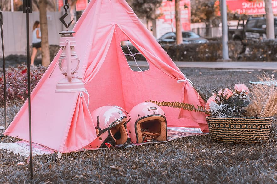 namiot, kaski, kwiaty, kosz, różowy, pastel, na dworze, zabawa