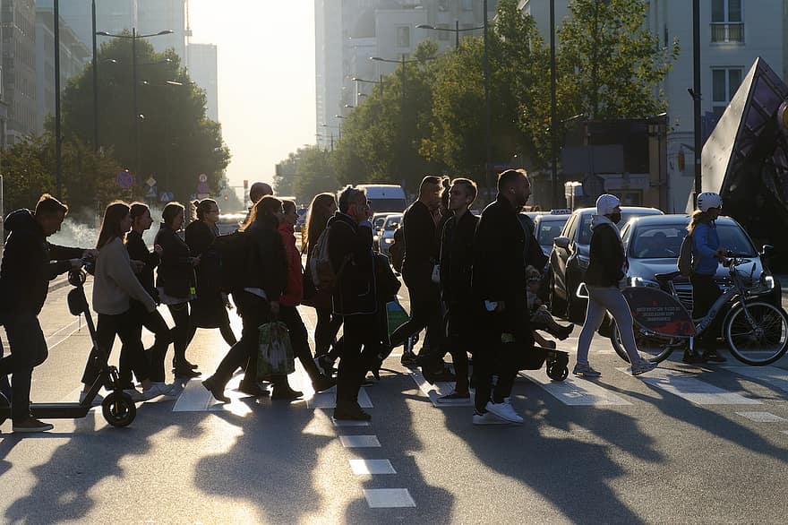 pessoas, pedestres, cruzando, rua, urbano, cidade, por do sol