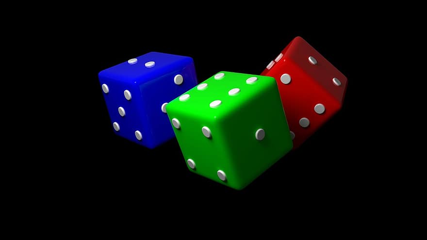 Dobbelsteen, kubus, rood, blauw, groen, 3 dobbelstenen, 3d dobbelstenen, zwarte achtergrond, risico, winnen, geluk