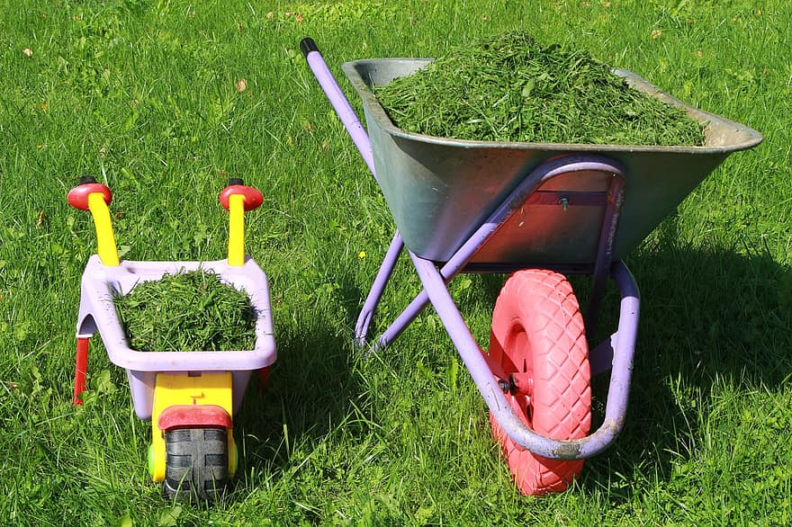 Schubkarren, Rasenpflege, Gartenarbeit mit Kindern, Gartenarbeit, Rasen