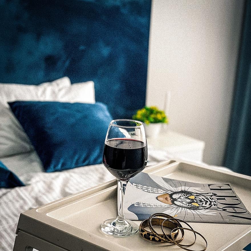 Girl, Bedroom, Relaxing, Reading, Bed, Wine, alcohol, indoors, table, domestic room, drink