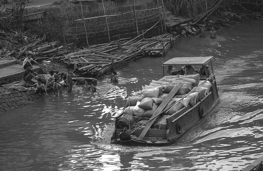 川、ベトナム、川の入浴、日常生活、ボート、河川輸送、一味、カマウ