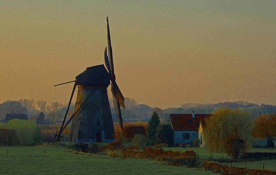 Países Baixos, moinho, polder, panorama, atmosfera
