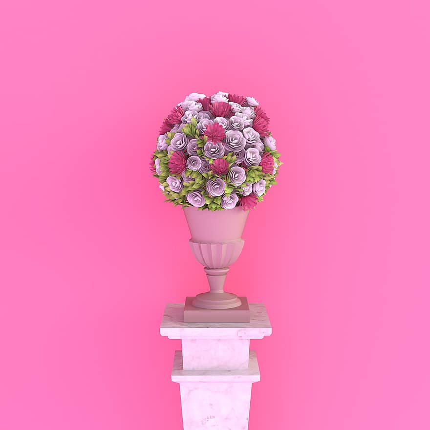 цвете, ваза, цветен, декоративен, заден план, листенца, стоя, роза, цвят, природа, 3d