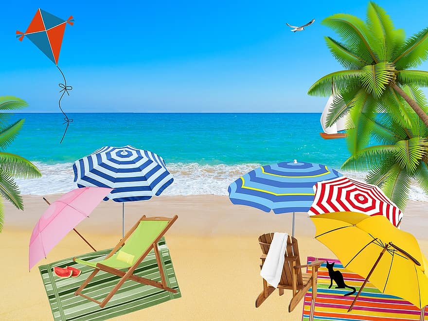 plaża, ocean, morze, piasek, parasole, woda, fala, krajobraz, ręcznik kąpielowy, palmy, krzesła
