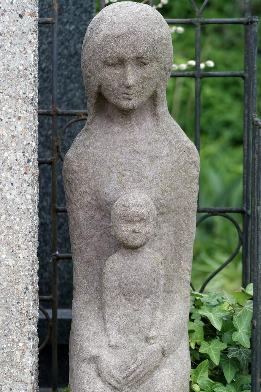 sculpture, pierre, cimetière, article, mystique, femme, bébé, religion, tombeau, statue, christianisme