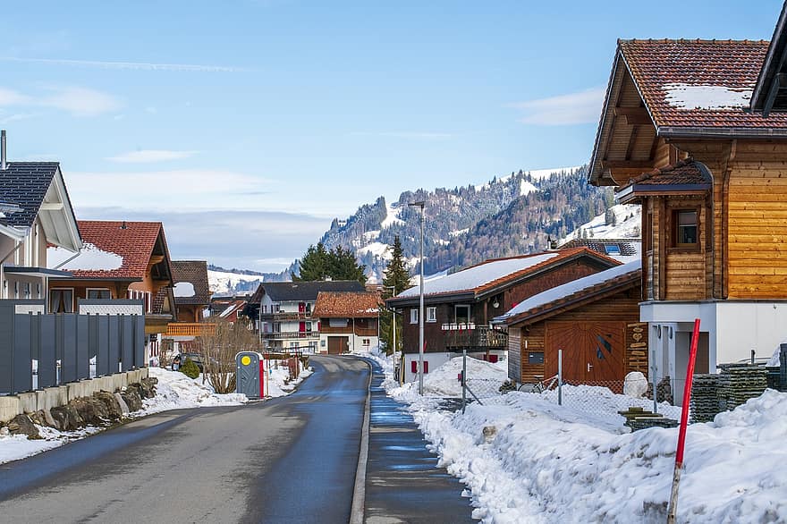 タウン、冬、通り、村、家、スイス、中央スイス、雪、山、ルーフ、田園風景