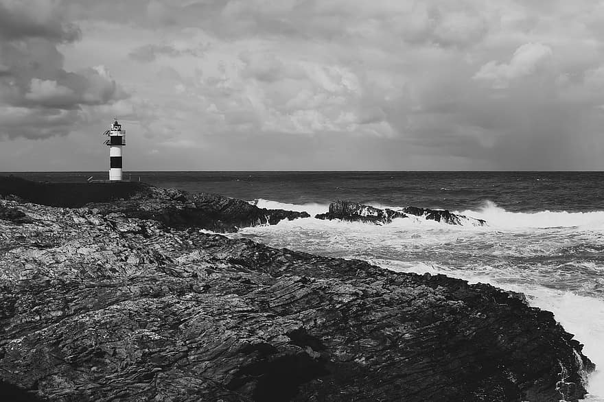Coast, Lighthouse, Black, Sky, Sea, Nature, Tower, Beach, Water, Ocean, Travel
