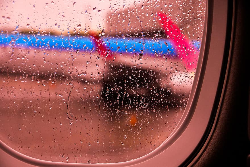 Flugzeugfenster, regnet, Flughafen, Flugzeug, Fenster, Regen, fallen, Regentropfen, Auto, Wetter, Hintergründe