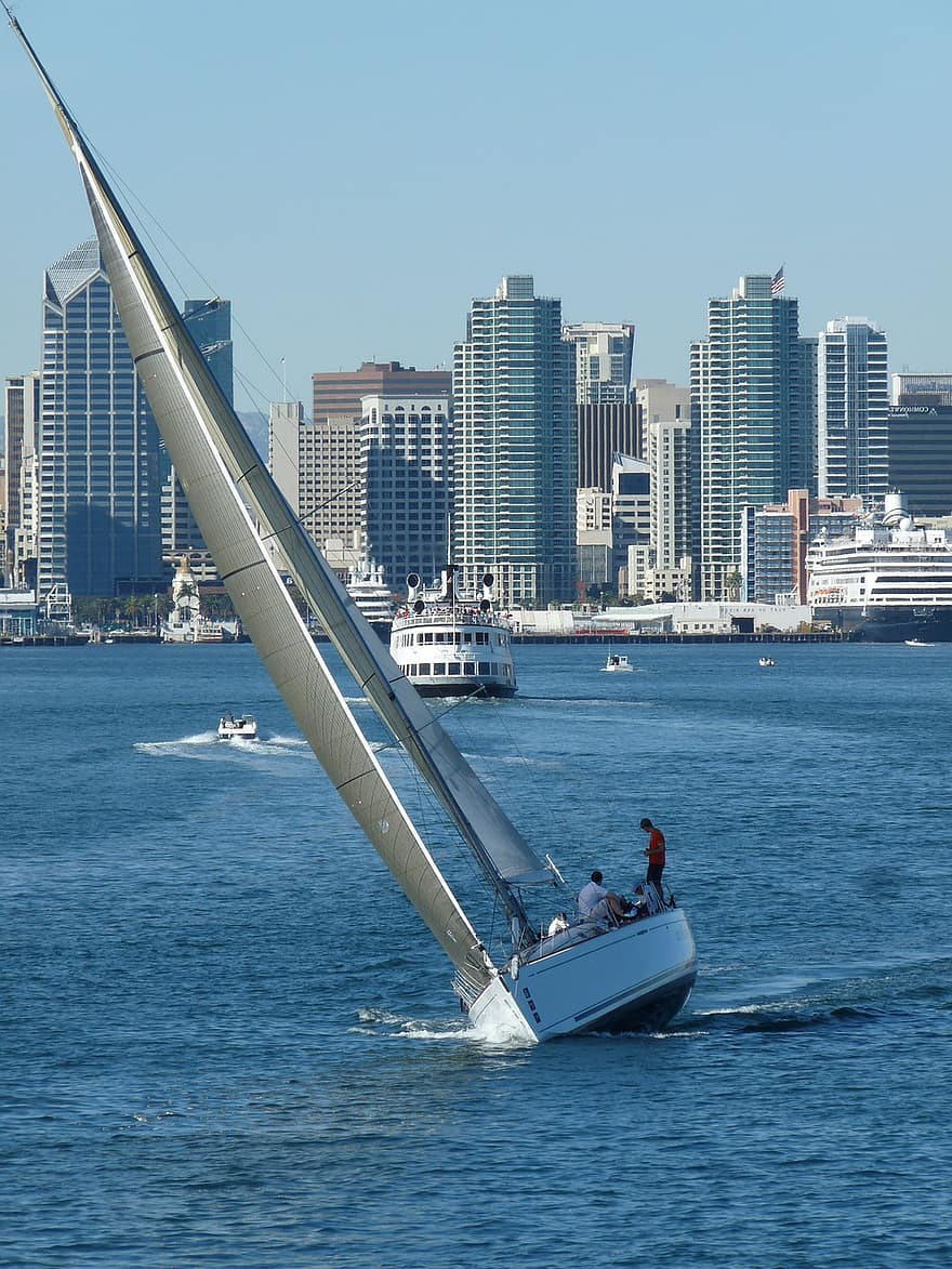 żaglówka, San Diego, Kalifornia, łódź, Panorama miasta