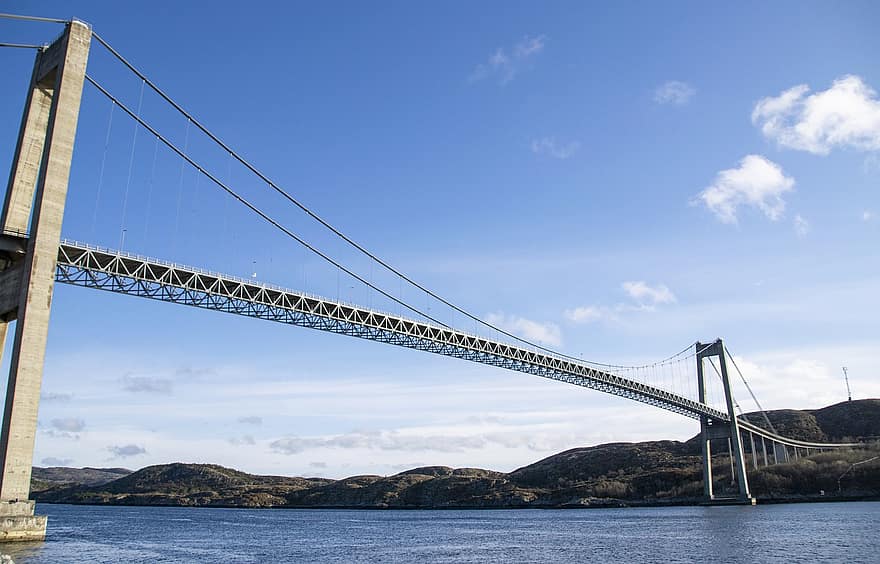 Most Nærøysund, visutý most, moře, oceán, Norsko, most, modrý, voda, slavné místo, architektura, přeprava