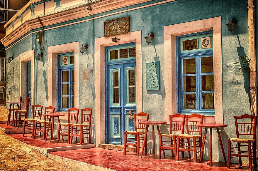 café, arquitetura, construção, Grécia, ilha dos karpathos, cadeiras, frente, janela, pausa para o almoço, restaurante, quente
