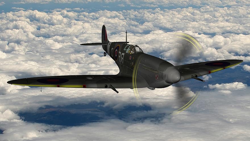 сплітфайр, летить, Хмарний політ, Британський військовий літак, Літак Другої світової війни, сірий літак, Сіра війна