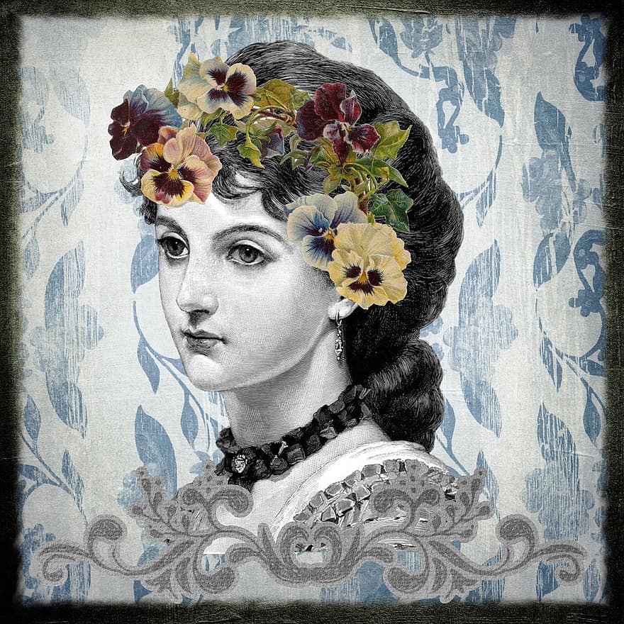 Vintage, Lady, Woman, Drawing, Background, Art, Collage, Digital Art, Flower, Hair, Victorian