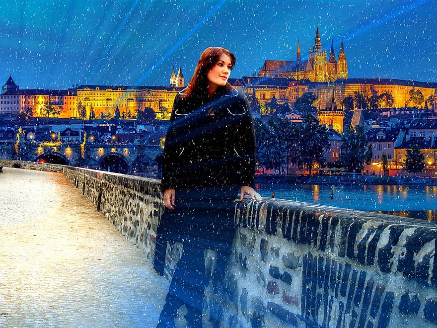 fată, zăpadă, perete, iarnă, lumini, oraș, Praga, arhitectură, râu, peisaj, noapte
