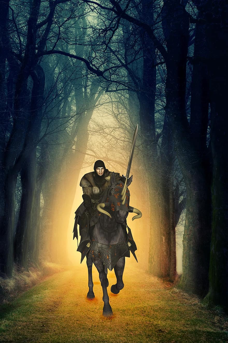 деревья, улица, воин, черный рыцарь, рыцарь, фантастика, лошадь, поездка, лес, заход солнца, человек
