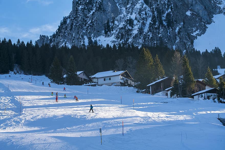 Skifahren, Steigung, Winter, Schnee, Sport, Erholung, Dorf, Häuser, Bäume, Berg, Alpen