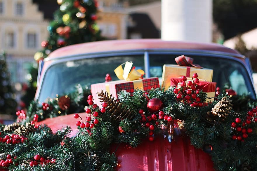 auto, joulu, punainen nauha, esittelee, lahjat, vanha auto