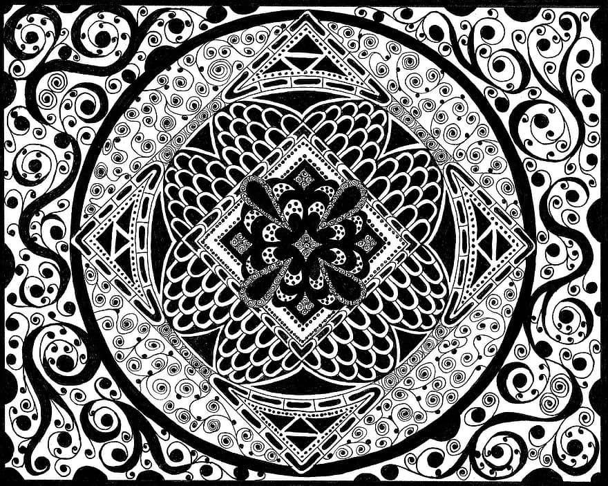 „Zentangle“ nuotraukos, juoda ir balta, piešimas, menas, santrauka