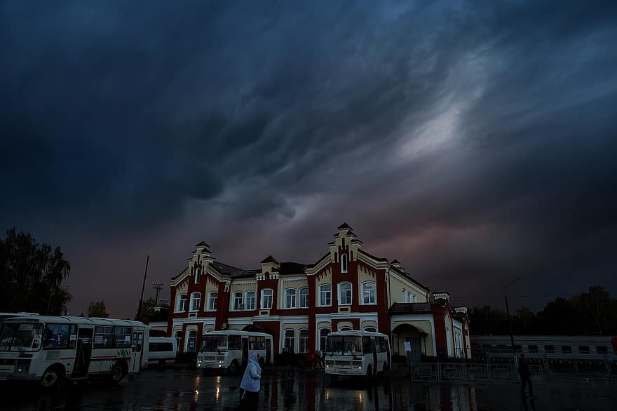 Railway Station, Rain, Night, Train Station, Building, Buses, Vehicles, City, Travel, Tourism, Clouds