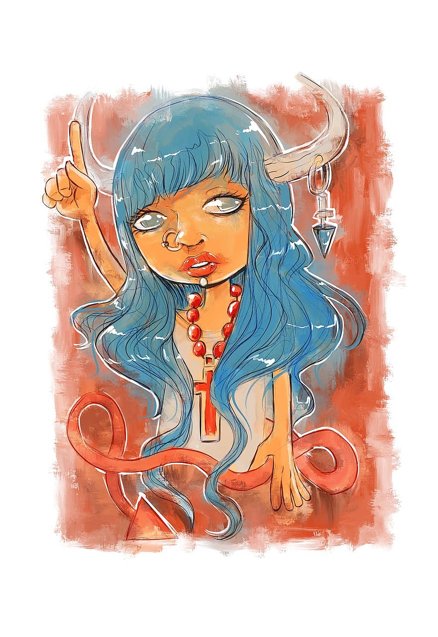 Sweet, Cute, Devil, Horns, Sympathy, Character, Art, Illustration, Drawing, Indicate, Tail