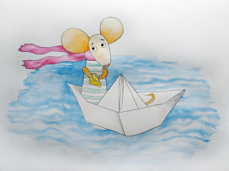 mus, korablik, origami, ost, simma, sjöman, berättelse, illustration, vattenfärg, Barns saga, för barn