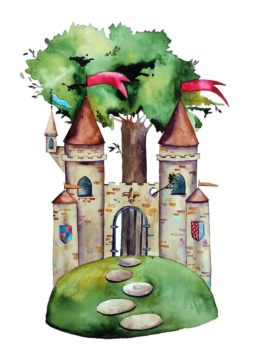 Castle, Watercolor, Art, Fantasy, Old, Cartoon, Architecture, Medieval, Background, House, Palace