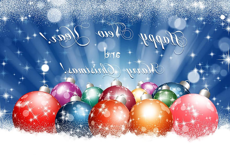 Nieuwjaar, Kerstmis, vakantie, ansichtkaart, achtergrond, ballen, decoratie, glimmend, felicitatie, tekening, ontwerp