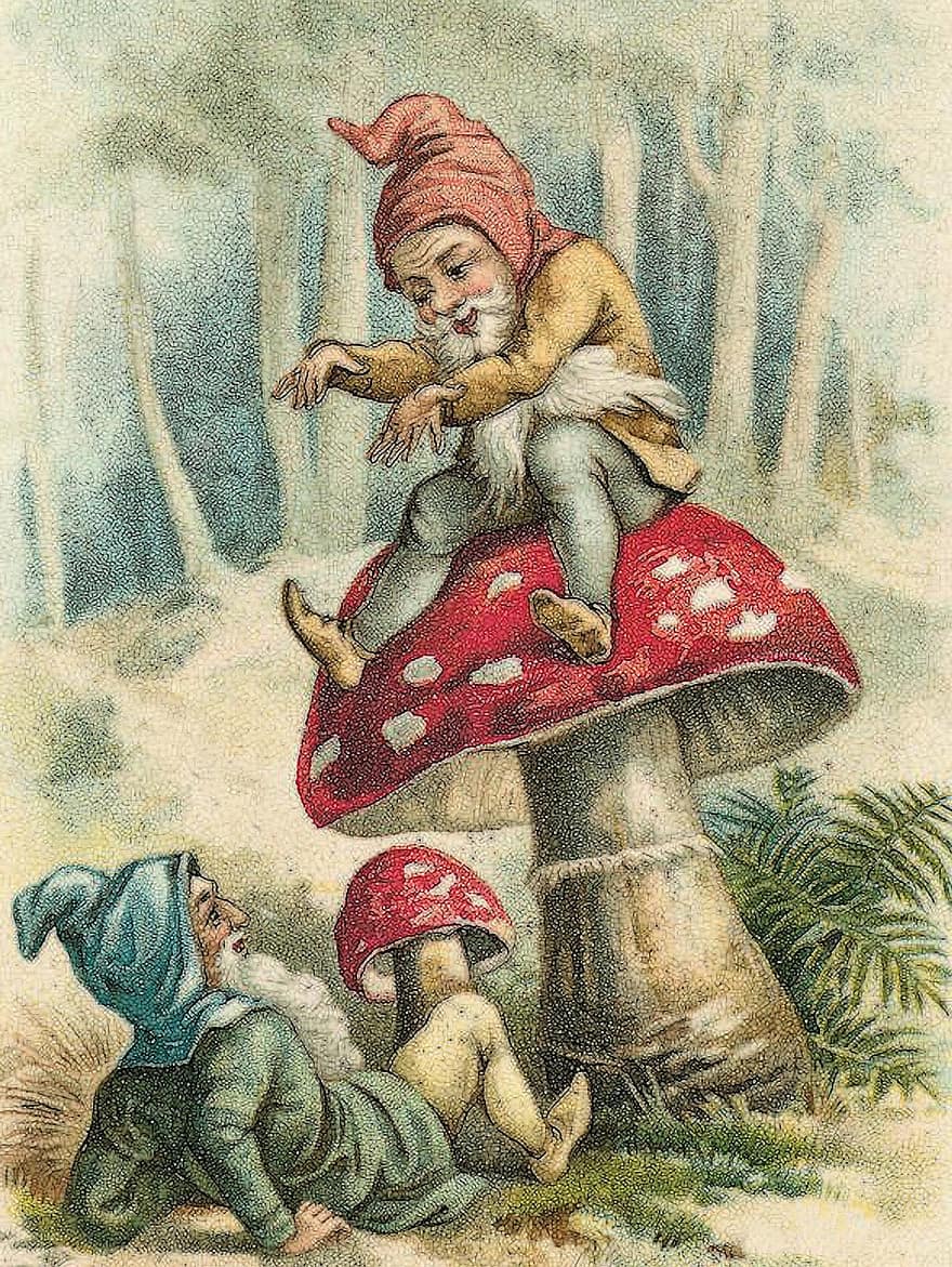 trpaslíci, elfové, les, fantazie, pohádky, houby, stromy, ilustrace