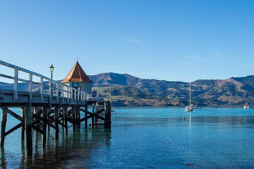ニュージーランド、桟橋、タウン、水、ビーチ、風景、海、自然、港、海洋、屋外