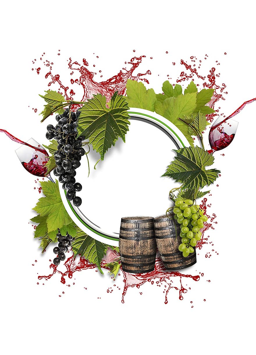 Wine, Grapevine, Frame, Background, Circle, Wine Barrel, Grapes, Wine Glass, Alcohol, Drink, Leaves