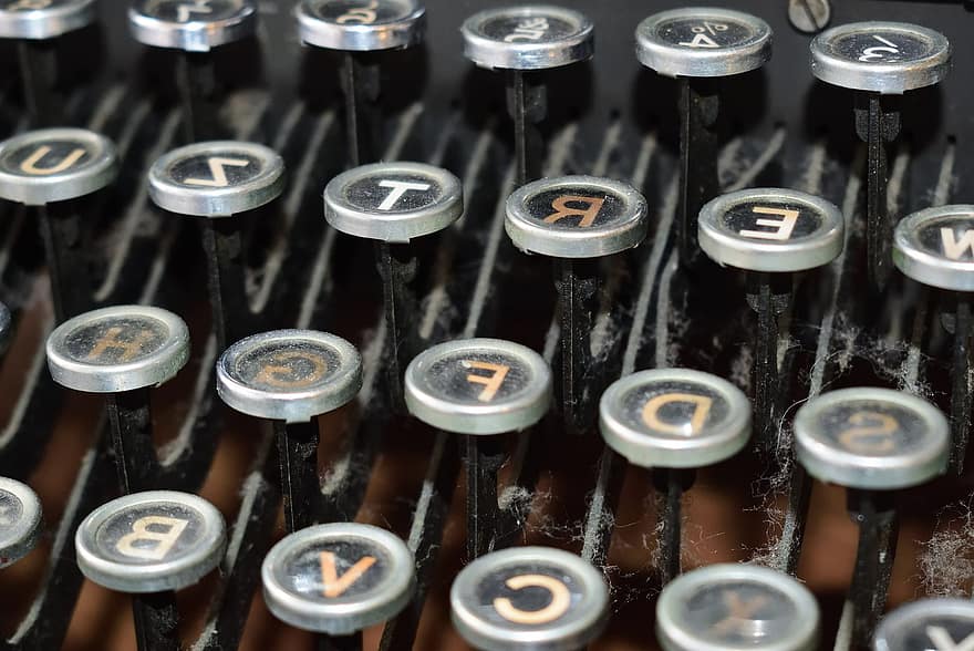 írógép, makró, retro, billentyűzet, régi, közelkép, ábécé, szöveg, antik, régimódi, gépelt