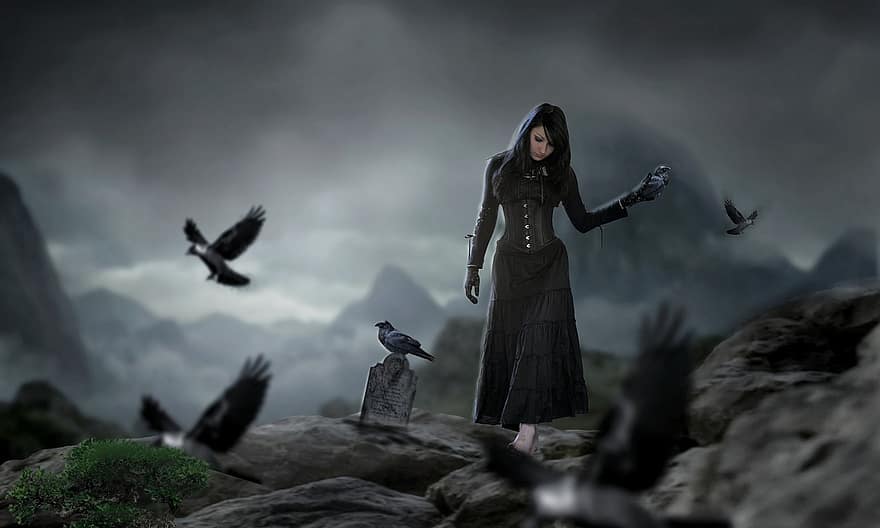 Fantasy, Woman, Crows, Birds, Sad, Depression, Night, Horror, Tombstone, Hill, Mountain