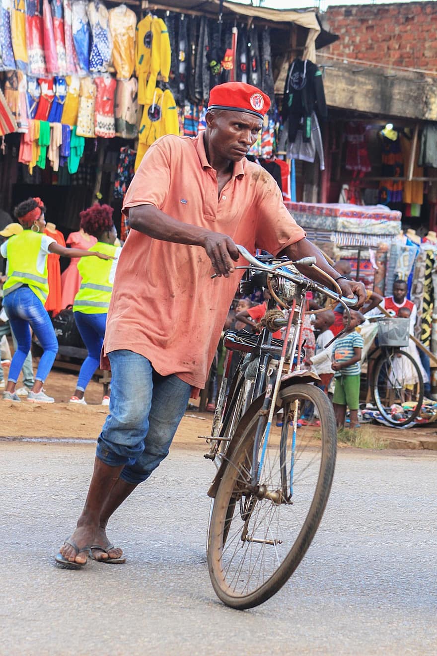 bicicleta, home, ciclista, carretera, carrer, transport, estil de vida, gent, uganda, gent de uganda, esperança