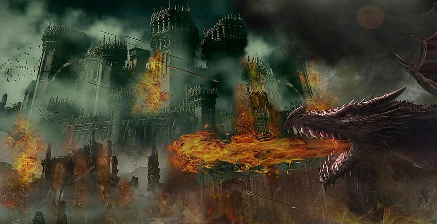 широкоекранен, фантазия, замък, дракон, везни, средновековен, пожар, създание, крепост, сграда, подпален
