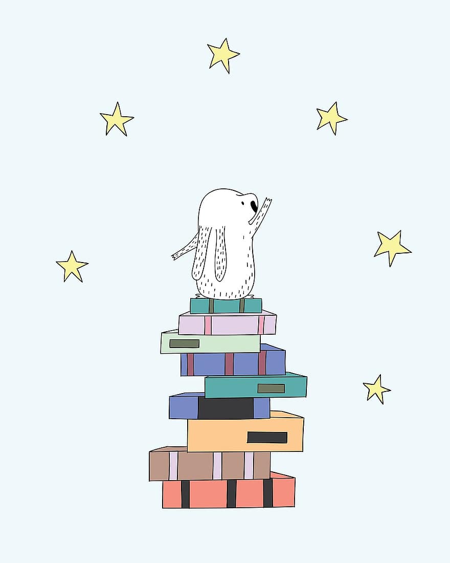 libri, animale domestico, stelle, raggiungere, cielo, stellato, animale, pila di libri, sfondo, urbano, universo