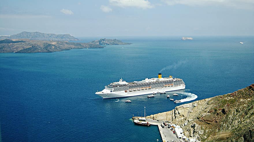 Cruise Ship, Travel, Adventure, Outdoors, Sea, Ocean, Santorini Bay