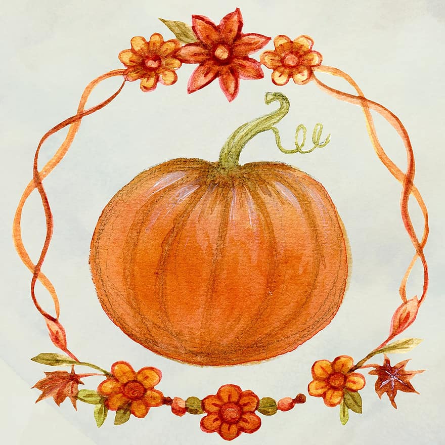 かぼちゃ、デコレーション、感謝祭、ハロウィン、水彩、収穫、秋、フード、野菜、カラフル、オレンジ