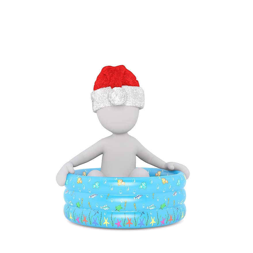 білий самець, 3D модель, повне тіло, 3d, білий, ізольовані, Різдво, капелюх Санта, таз, гума, басейн