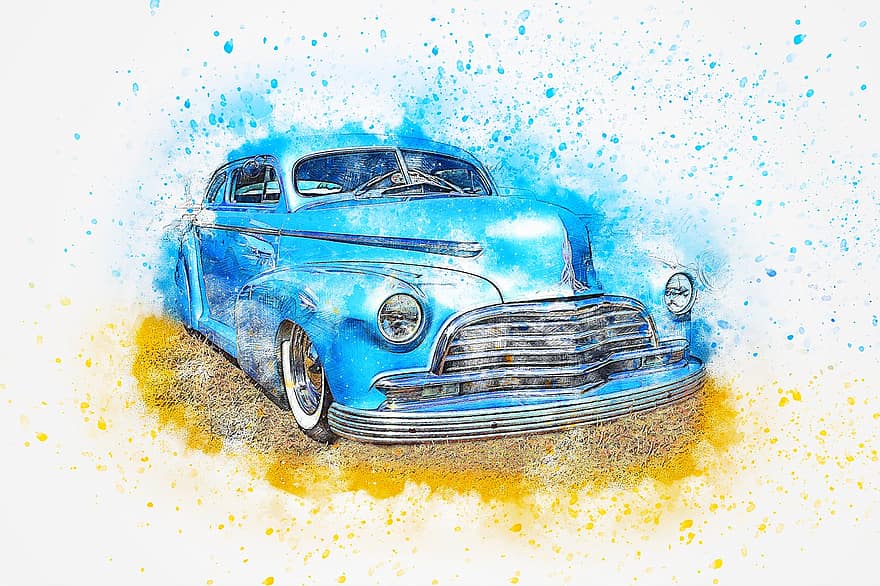 auto, sininen, oldtimer, akvarelli, vuosikerta, retro, ajoneuvo, pyörä, värikäs, taiteellinen, design