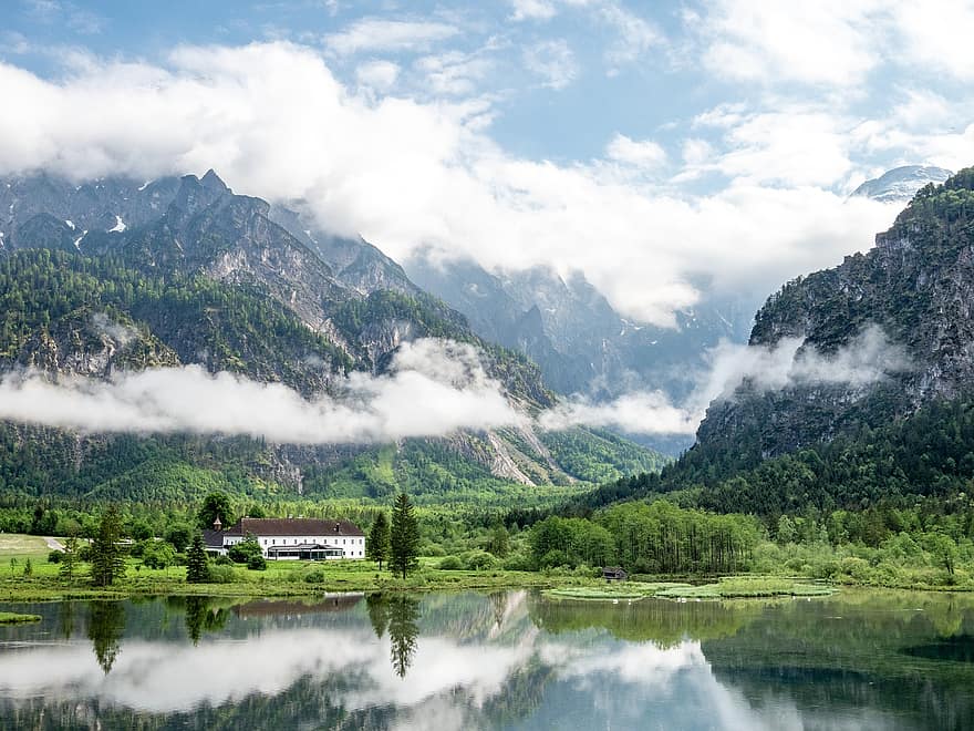 Almsee, Oostenrijk, mist, grünau im almtal, Salzkammergut, bergen, Alpen, natuur, berg-, landschap, zomer