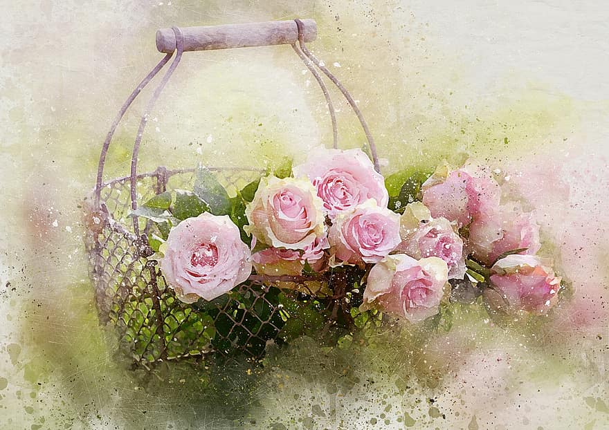 Watercolor Roses And Basket, Castleguard, Rose, Pink Rose, Mother's Day Rose, Mother's Day, Pink, Love Flower, Spring, Romantic, Card