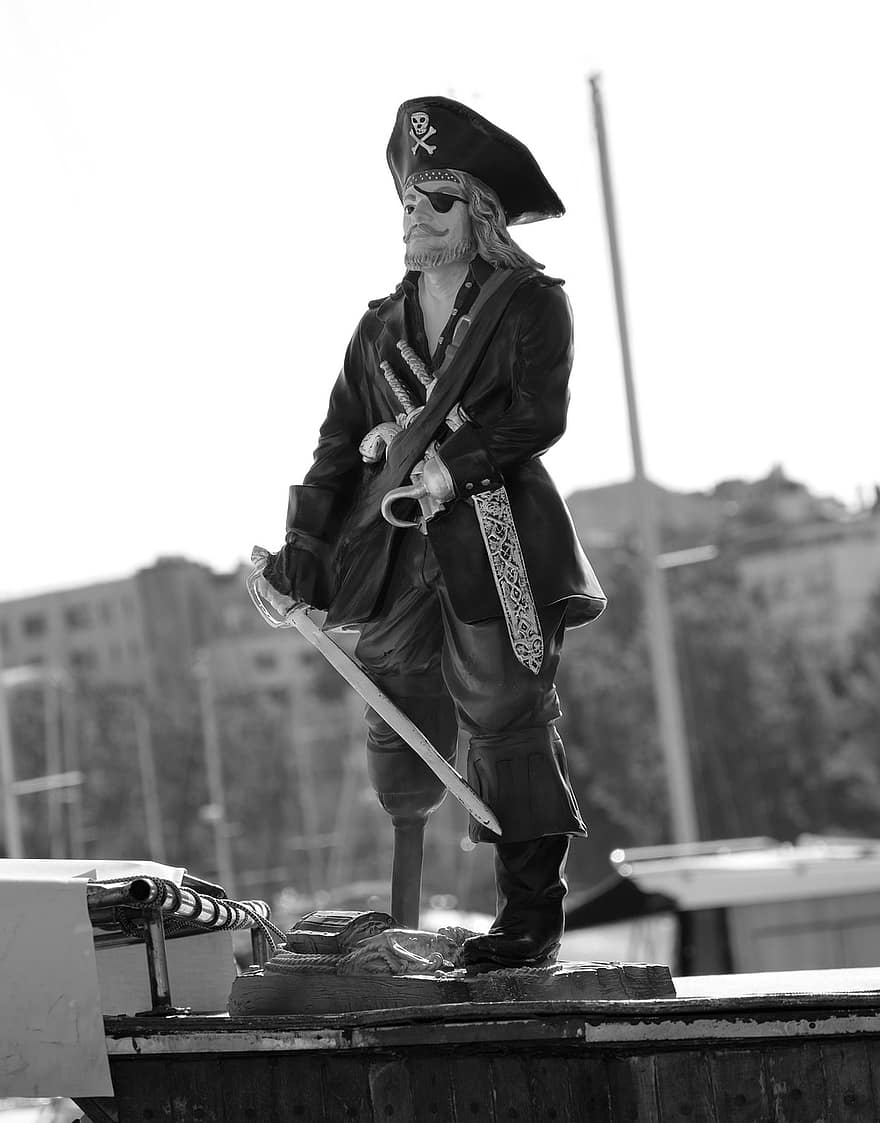 pirāts, zobens, kuģi, laiva, dārgumu, buru laiva, statuja