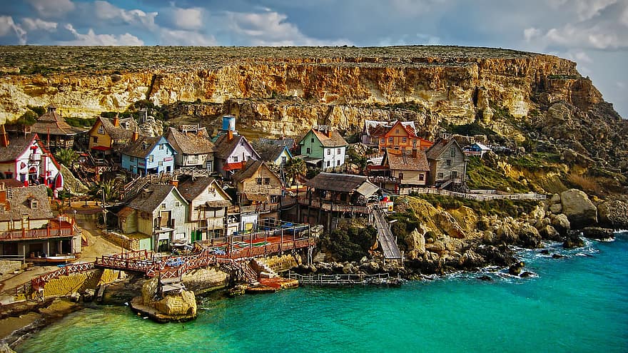 popeye, χωριό, θάλασσα, Μάλτα, νησί, σπίτια, γκρεμός, ακτή, τυρκουάζ θάλασσα, τουριστικό αξιοθέατο