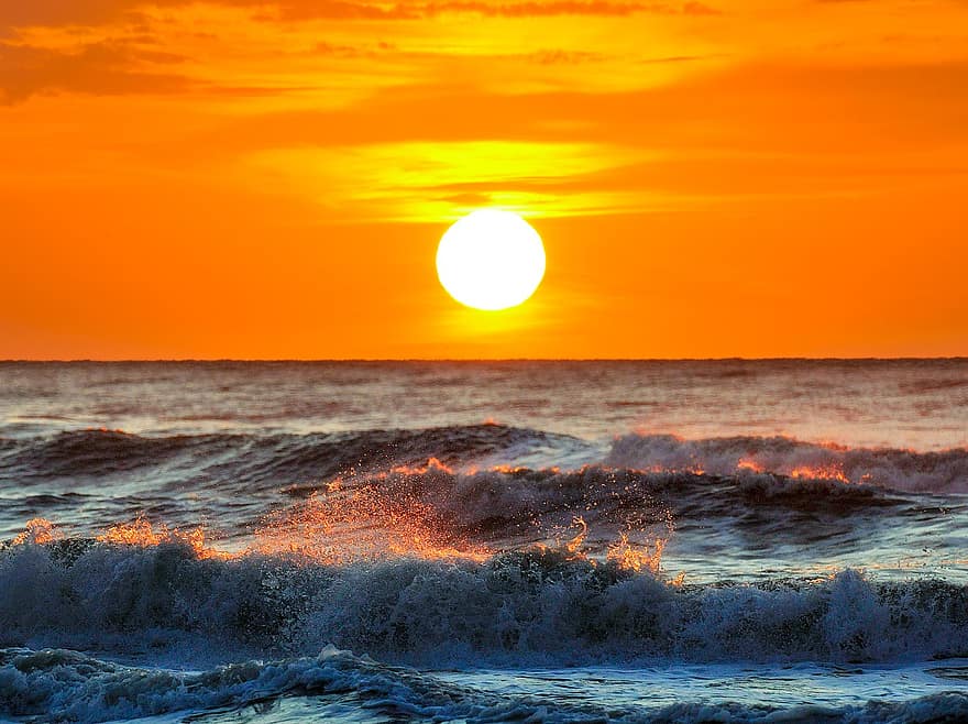 solnedgang, ocean, bølger, hav, skum, plaske, natur, atmosfære